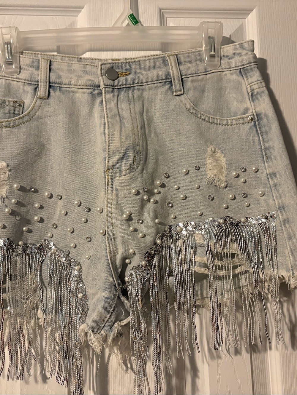 Light Wash Pearl & Sequin Fringe Jean Shorts